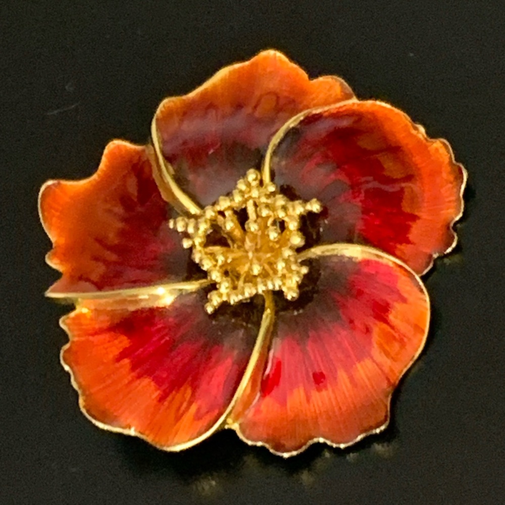 MASSIVE ALANA STEWART Vintage 1980s Huge Red Poppy Flower Enamel Gold Tone Stunn